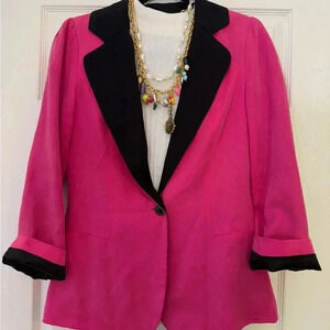 Vintage Ark & Co Hot Pink Tencel Blazer with Black Contrast Collar - Size S